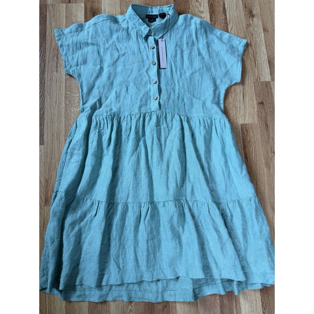 Tahari Women Linen Mini Tired Dress Sz PS Green Short Sleeve Summer Button Front